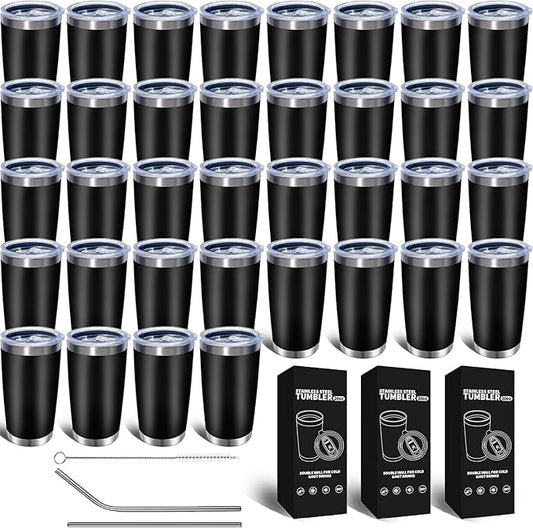 36 Pack, 20oz Stainless Steel Bulk Tumblers with Lids and Straws, Leakproof Double Wall Travel Mug for Hot/Cold Drinks, Home Office Outdoor Party Use, Durable Powder Coated Insulated Cup/Black - Bloomnest
