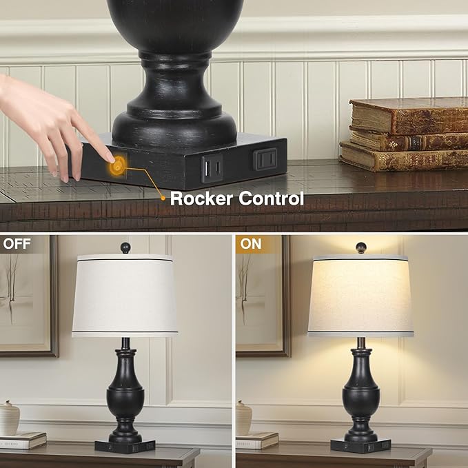 Table Lamps for Living Room Set of 2, Farmhouse Vintage Table Lamp with USB A+C Charging Ports & AC Outlet, 25" Black Rustic Traditional Lamps for Bedroom Nightstand Desk(2 LED Bulbs Included) - Bloomnest