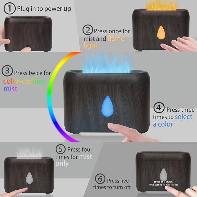 Flame Diffuser for Essential Oils, 200ml Ultrasonic Aroma Diffusers with Cool Mist, Aromatherapy Diffuser with Auto-Off Protection (Dark Wooden Grain(7 Colors), Peppermint+Lavender+Tea Tree+Lemon) - Bloomnest