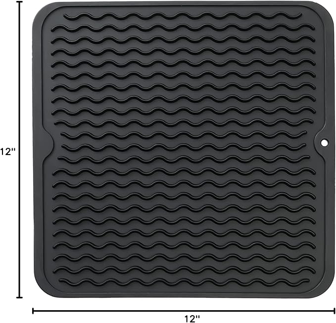 Silicone Dish Drying Mat for Multiple Usage,Easy clean,Eco-friendly,Heat-resistant Silicone Mat for Kitchen Counter or Sink,Refrigerator or Drawer liner Black M 12 inches x 12 inches - Bloomnest