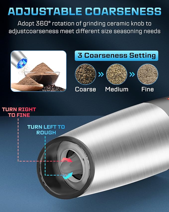 XinXu Gravity Electric Pepper and Salt Grinder Set, Adjustable Coarseness, with LED Light, One Hand Automatic Operation (Rechargeable Set/Silver X) - Bloomnest