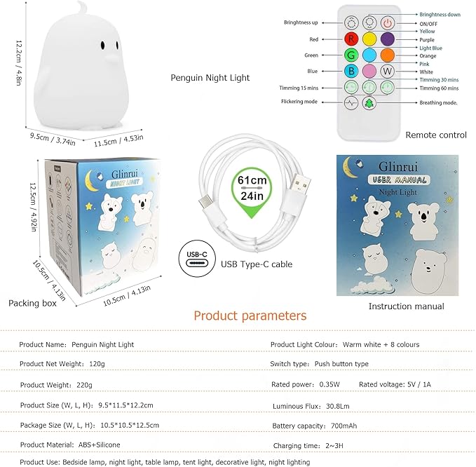 Penguin Night Light for Kids Silicone Sleep NightLights, 9 Colors Baby Light Bedside Lamp Bed Room Children Decorative Lamps for Toddlers/Boys/Girls/Adults/Bedroom/Bathroom/Outdoor - Medium - Bloomnest