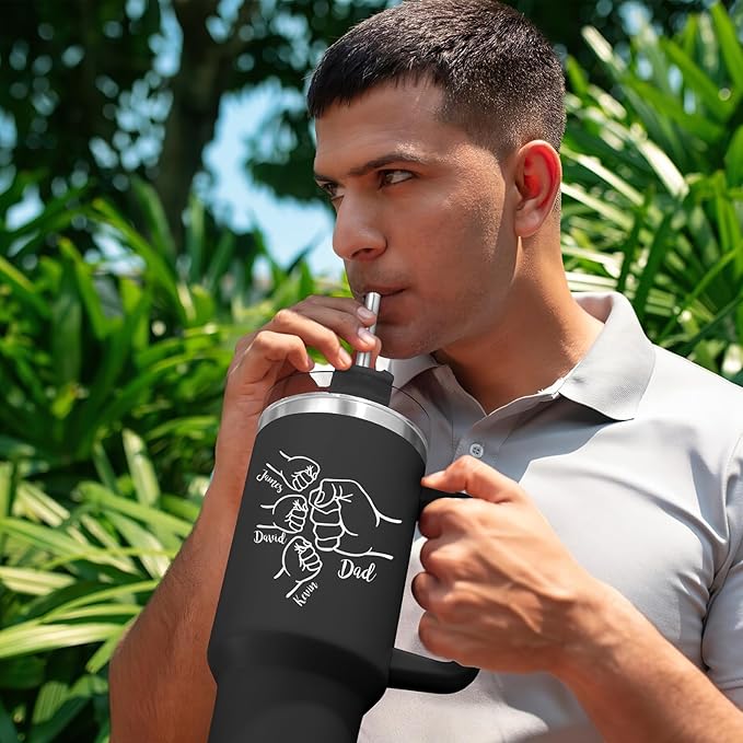 Custom Dad Tumbler with Kids Names, Personalized 40 Oz Tumbler with Handle and Straw, Personalized Birthday Gifts for Dad Husband - Bloomnest