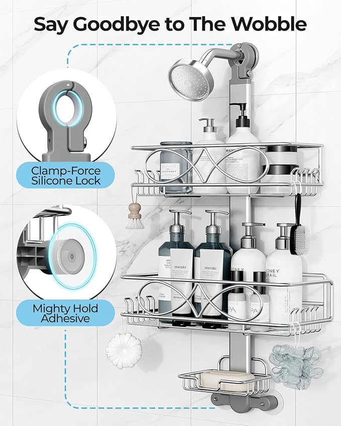 ODesign 2 Tier Stainless Steel Anodized Aluminum,Height-Adjustable Rustproof Shower Caddy Hanging Anti-Swing-Over The Shower Head Caddy-Bathroom Showe r Storage Organizer With Soap Box Holder- Sliver - Bloomnest