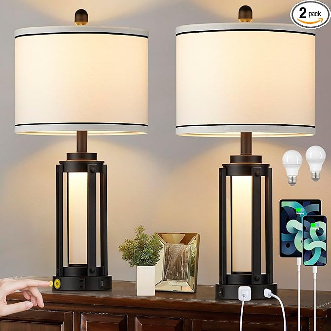 25" Modern Table Lamps Set of 2, Industrial Beside Lamps with USB A+C Charging Ports & AC Outlet, Nightstand Lamp with Glass Night Light for Living Room Bedroom End Table Decor White(4 Bulbs Included) - Bloomnest