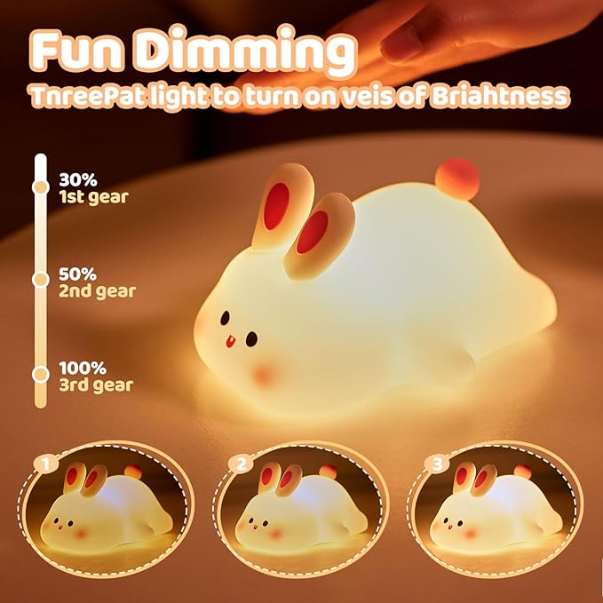 Big Face Rabbit Silicone Night Light for People - Squishy Bunny LED Lamp with Soft Touch, USB Rechargeable & Touch Control - Cute Decorative Bunny Light for Room. - Bloomnest
