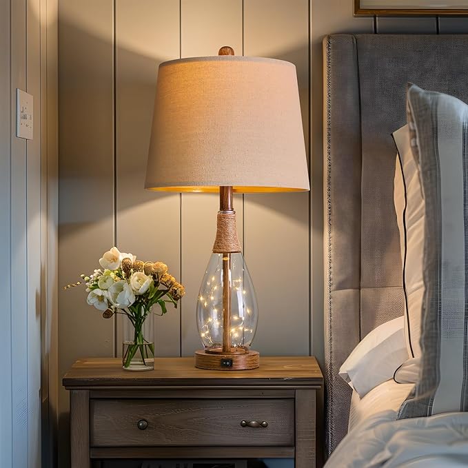 OYEARS 23" USB A+C Table Lamp for Bedroom Living Room Modern Bedside Lamps Retro Farmhouse Rattan Glass Nightstand Nightlight Lamps,Two Light Points - Bloomnest