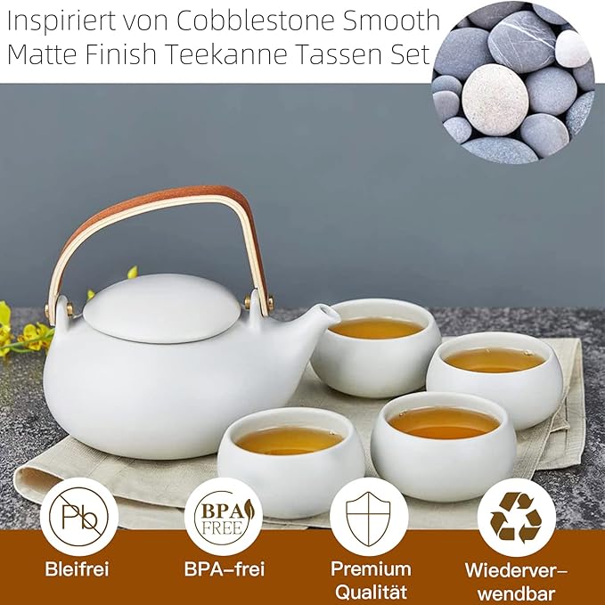 ZENS Vintage Japanese Tea Set, 27oz Ceramic Japanese Teapot with Infuser, Wood Handle Matte Gray Teapot with Strainers and 4 Cups for Tea Party, Women's Gift - Bloomnest