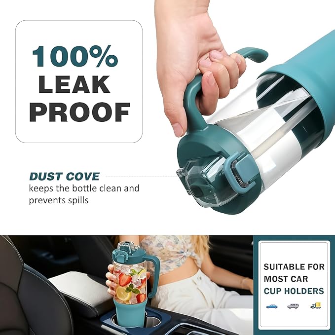 32 oz Glass Tumbler with Handle, 2-in-1 Straw and Sip Spout, Leakproof, BPA-Free Glass Water Bottle for Sports, Office, School, Peacock Blue - Bloomnest