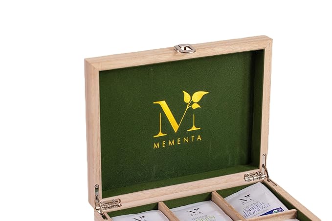 Mementa Inc Organic Wooden Tea Chest - 60 Tea Bags Individually Wrapped : Assorted Tea Variety Pack containing Black, Green, and Herbal caffeine-free teas : Tea Sampler Tea Set - Bloomnest