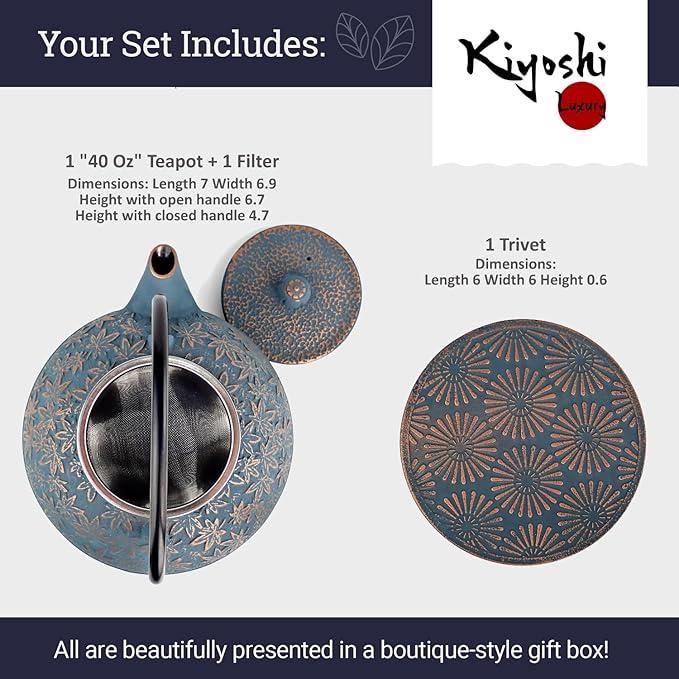 Large Japanese Cast Iron Teapot Capacity 40Oz with Trivet and Loose Leaf Tea Infuser, Cast Iron Tea Kettle Stovetop Safe. Tetsubin Coated with Enamel Interior - Blue Teapot