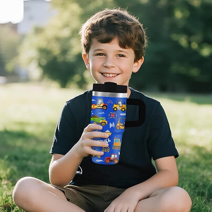 Construction Tumbler with Handle Straw for Kids 14oz, Insulated Stainless Steel Cup for Boys, Birthday Christmas Back to School Gifts for Kids Boys - Bloomnest