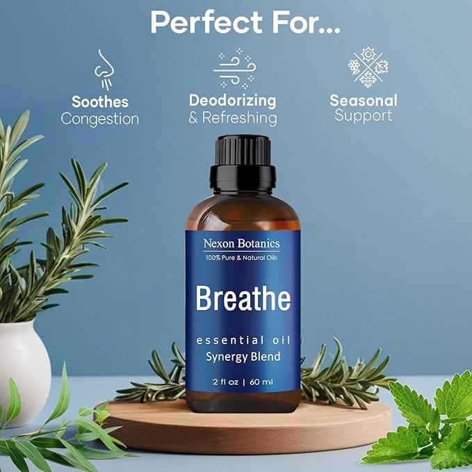 Breathe Essential Oil Blend 60 ml - Breath Sinus Relief with Menthol Oils - for Humidifiers, Diffusers, and Aromatherapy - Nexon Botanics NexonBotanics