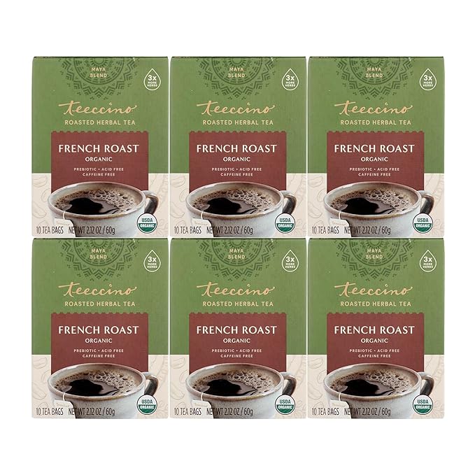 Teeccino French Roast Herbal Tea - Rich & Roasted Herbal Tea That’s Caffeine Free & Prebiotic for Natural Energy, Coffee Alternative, 10 Tea Bags (Pack of 6) - Bloomnest