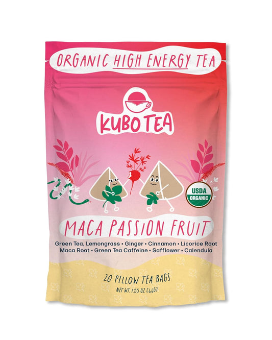 Kubo Tea Organic Maca Passionfruit Tea - High Caffeine Maca Root Coffee Substitute with 20 Servings (140mg Caffeine each) - Plant Based Pillow Tea Bag - Compostable Kraft and Biodegradable Packaging