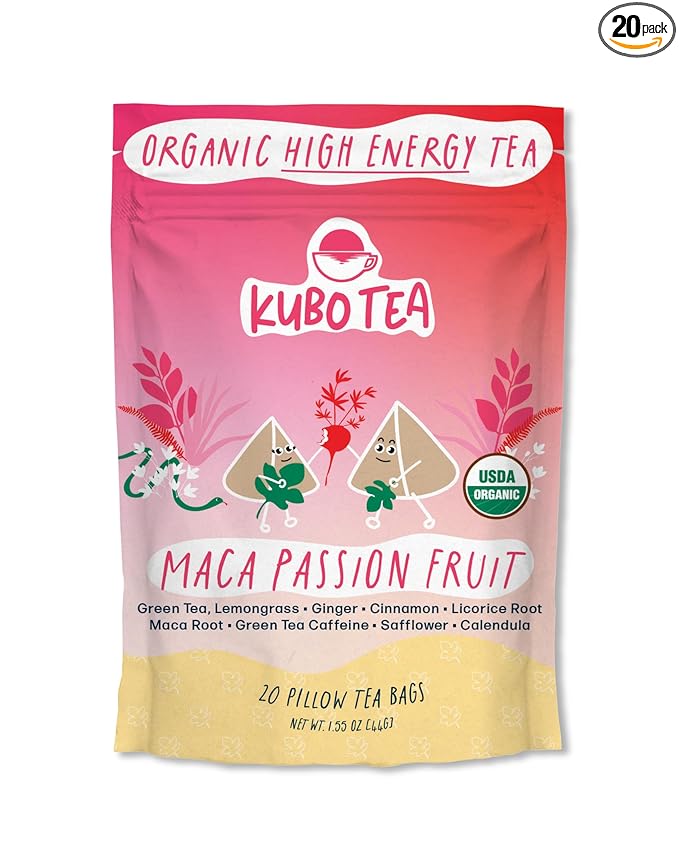 Kubo Tea Organic Maca Passionfruit Tea - High Caffeine Maca Root Coffee Substitute with 20 Servings (140mg Caffeine each) - Plant Based Pillow Tea Bag - Compostable Kraft and Biodegradable Packaging - Bloomnest