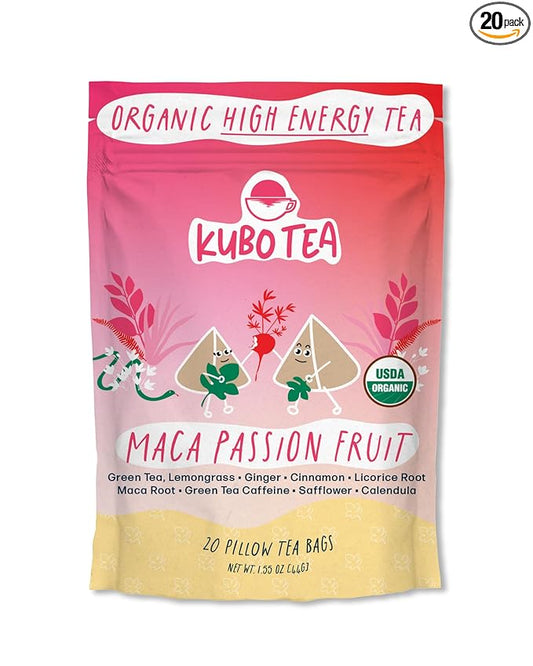 Kubo Tea Organic Maca Passionfruit Tea - High Caffeine Maca Root Coffee Substitute with 20 Servings (140mg Caffeine each) - Plant Based Pillow Tea Bag - Compostable Kraft and Biodegradable Packaging - Bloomnest