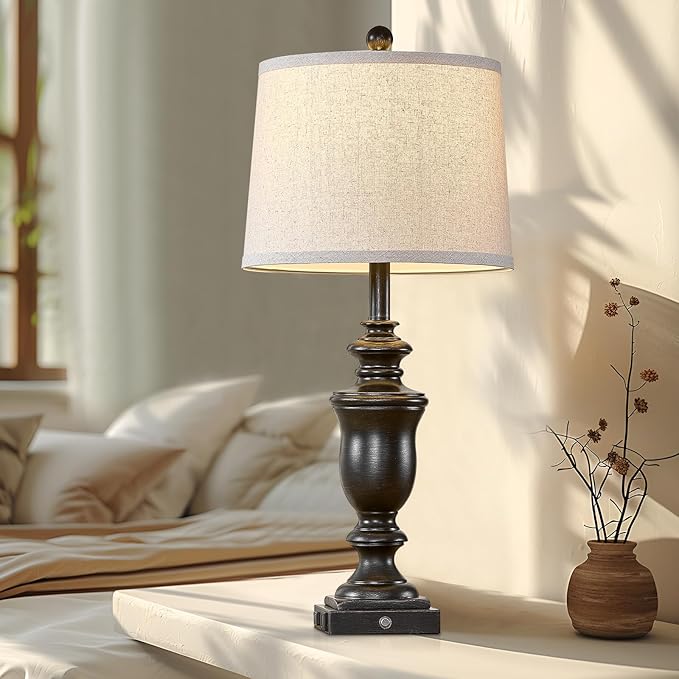 27.5" Set of 2 Farmhouse Table Lamps for Bedroom, 3 Way Dimmable Bedside Lamp with 2 USB +AC Outlet Nightstand Lamps for Living Room Resin Rustic Touch Lamps (Antique Black) - Bloomnest