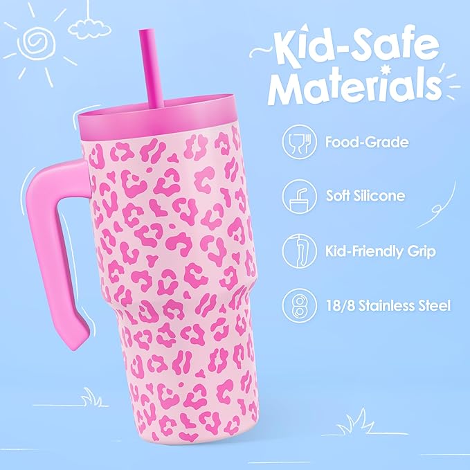 Leopard Print Kid 20oz Tumbler with Handle and Silicone Straw Lid, Insulated Stainless Steel Cup, Gift for Kids Girls, Gifts Idea for Birthday Christmas Back to School - Bloomnest