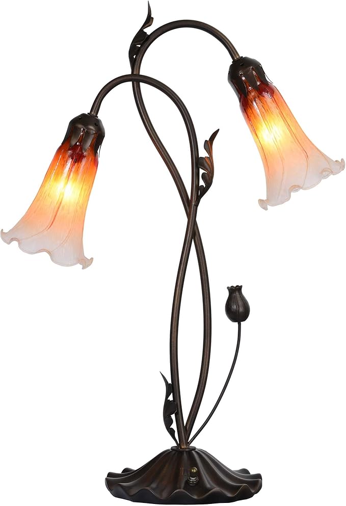 Bieye L10698 Lily Flower Blown Glass Accent Table Lamp for Living Room Bedroom Decoration (2-Light, Orange) - Bloomnest