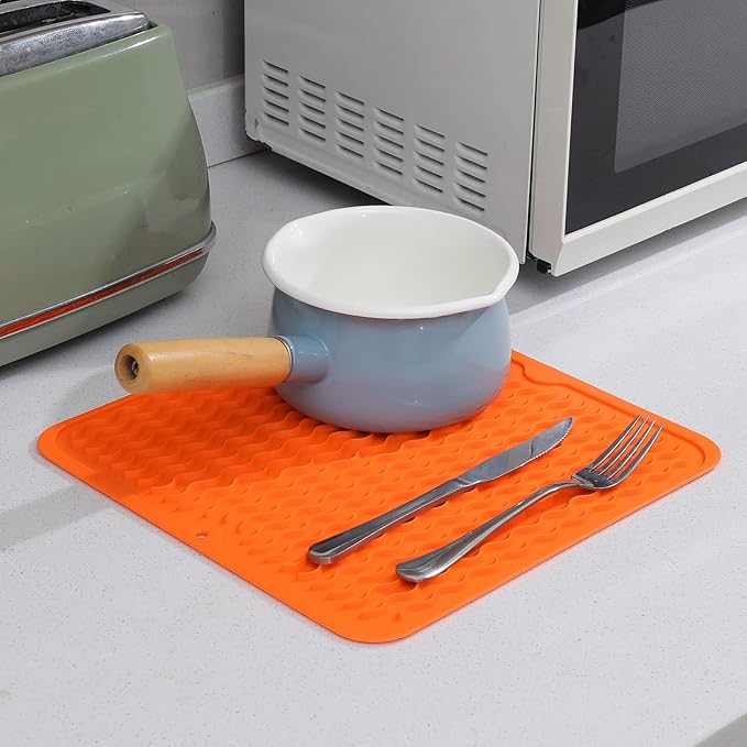 Silicone Dish Drying Mat for Multiple Usage,Easy clean,Eco-friendly,Heat-resistant Silicone Mat for Kitchen Counter or Sink,Refrigerator or Drawer liner Orange M 12 inches x 12 inches - Bloomnest