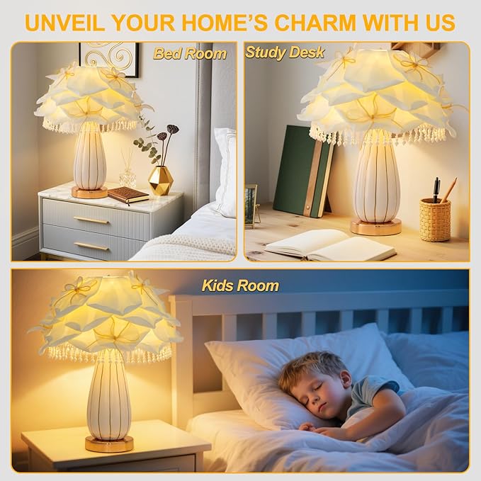 White Flower Girls Table Lamp Modern Princess Desk Lamp Cute Bow Bedside Lamp Nordic Nightstand Petal Light for Bedroom Valentines Dating Wedding Living Room Entry Office Study Room - Bloomnest