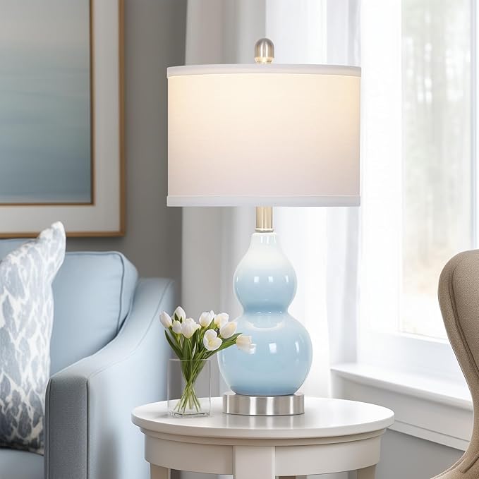 Double Gourd Ceramic Table Lamps Set of 2, Modern Blue Bedside Lamps for Night Stand, Contemporary Nightstand Lamps for Bedroom Living Room (Bulb Included) - Bloomnest