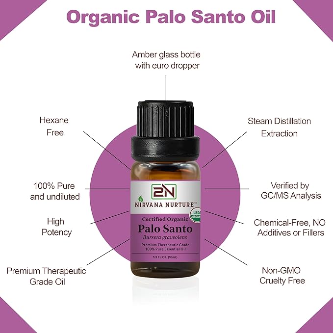 Palo Santo Essential Oil, USDA Certified Organic, 100% Pure Undiluted, Aromatherapy Oil for Diffuser, Hair & Skin Care NirvanaNurture