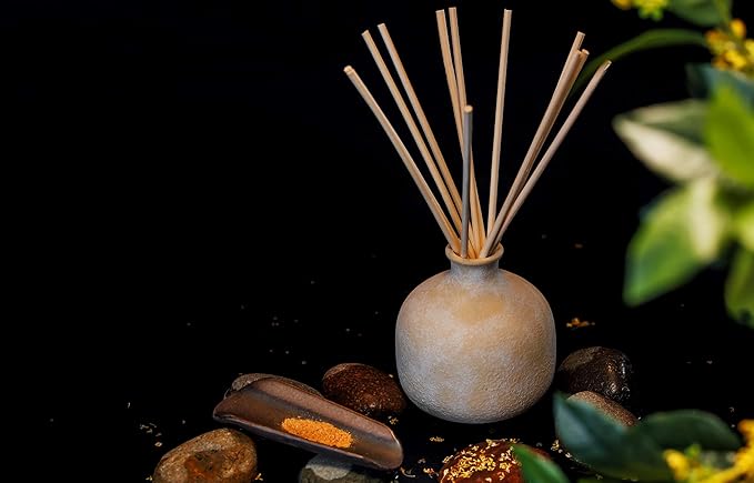BLUEME Calm-Osmanthus & Sandalwood, 16.91 Fl Oz Wellness Diffuser, Contains Essential Oil, Sustainable, Hand Finished, Premium, Luxury Ceramic, Natural Rattan Reeds