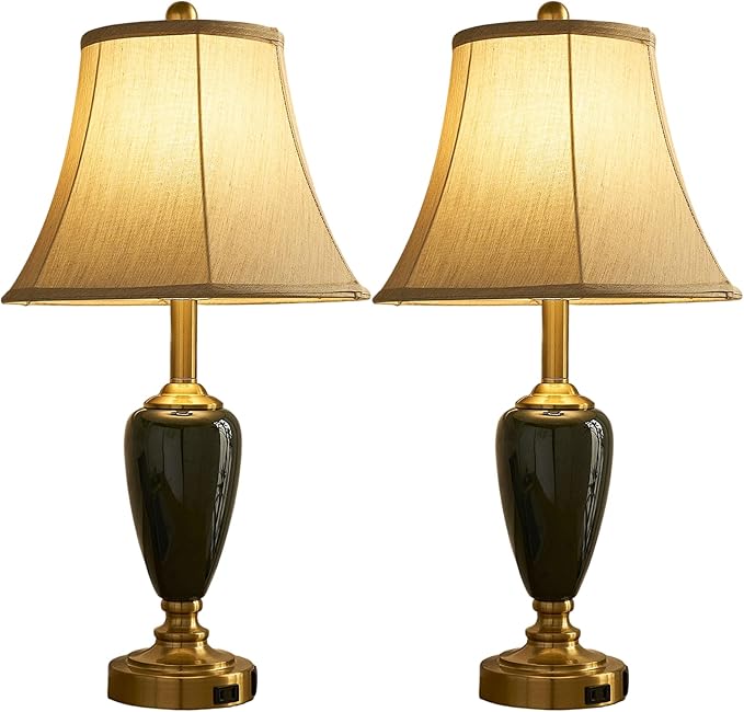 24" Ceramic Table Lamp with 3 Way Dimmable Touch Lamps - 2 USB Ports & AC Outlet Bedside Lamps, Modern Nightstand Lamp for Bedroom Living Room Office (Bulb Included) (Dark Green-2 Pack) - Bloomnest