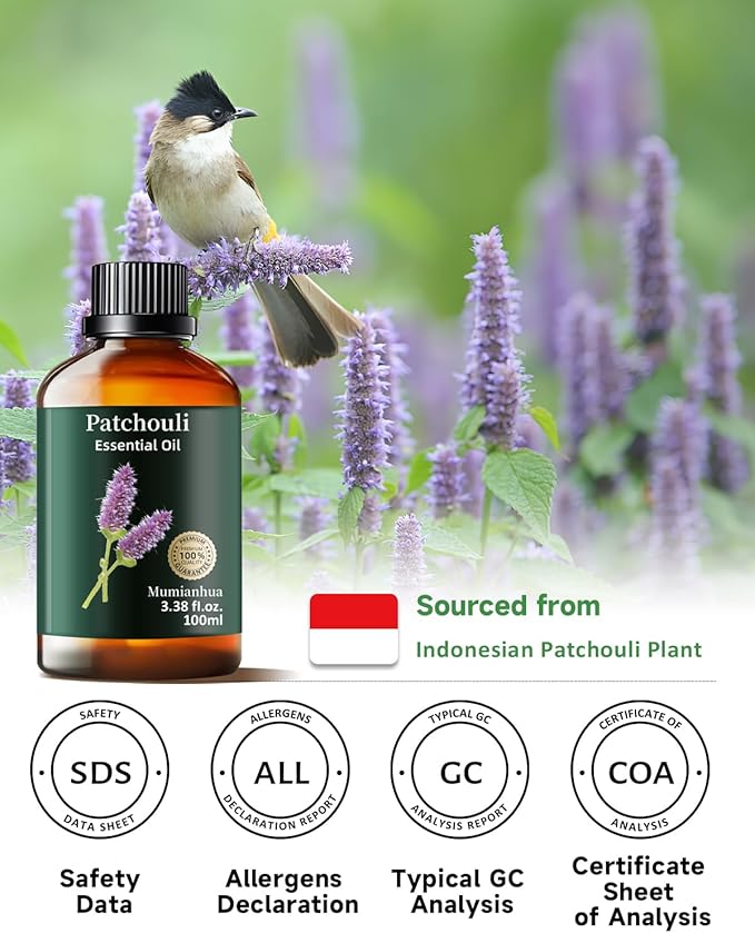 Pure Patchouli Essential Oil, Mumianhua Natural Patchouli Oil for Diffuser, Perfume, Skin,Hair, Soap Making, Room Spraying,Earthy Grounding, Outdoor Protection 3.38 Fl Oz - Bloomnest