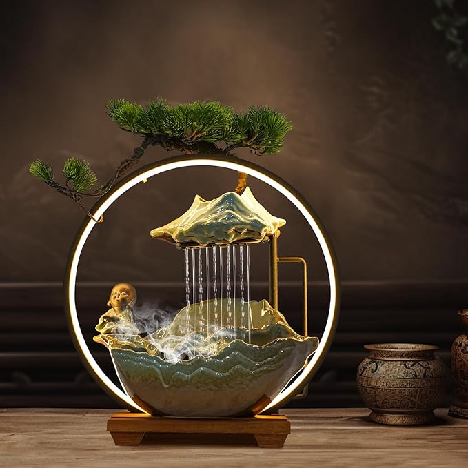 Tabletop Water Fountain Small Waterfall Fountains Indoor with Rocks and Ring Lights Desktop Fountains for Meditation Relaxation for Bedroom Living Room Office - Bloomnest