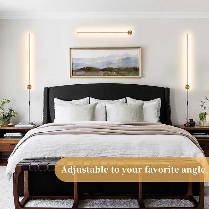 dimmable Modern Plug in Wall Sconce Set of 2, 23.6" Gold Brushed Wall Lights, Indoor Wall lamp Background Lighting with Memory Function, Applicable to Living Room and Bedroom 3000K 4000K 6000K - Bloomnest