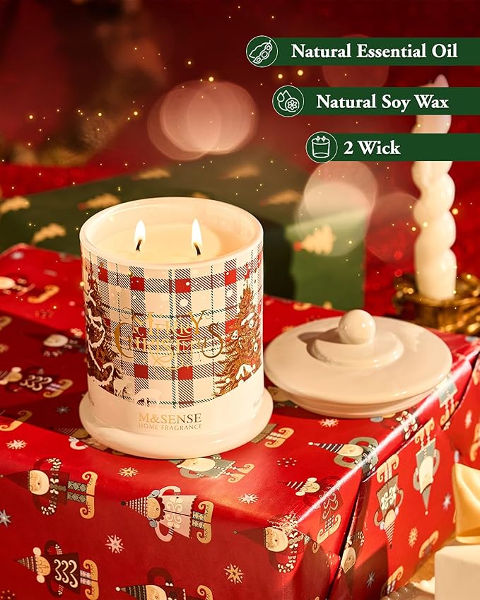 M&SENSE 2 Wick Warm Cozy Sweater Christmas Candles,12.7oz Jar Candle,75 Hour Burn Time Slow Burning, Organic Soy Wax Non Toxic,Relaxing Aromatherapy Gifts for Women - Bloomnest