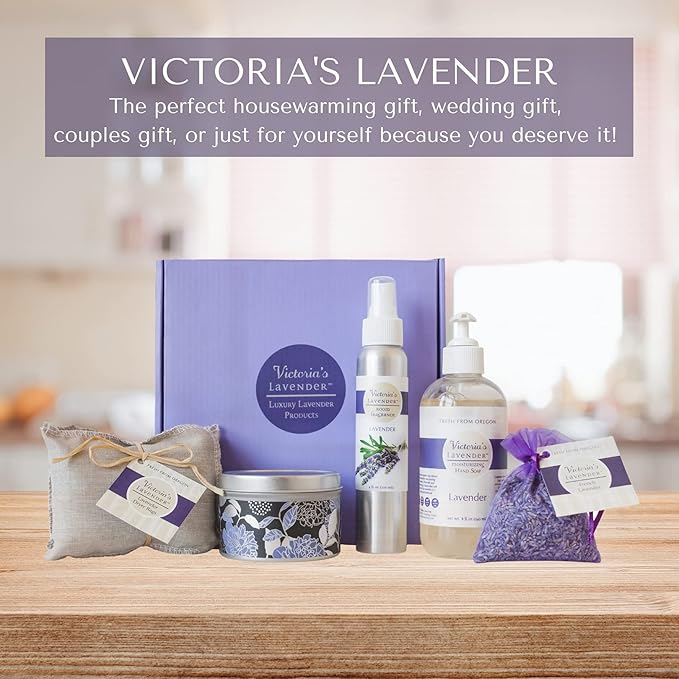 Victoria's Lavender Home Essential Products Set - Made in the USA Collection, Includes Soy Candle, Room Spray, Hand Soap, Organza Sachets, Dryer Bags, Ideal Gift Set for Home Buyers - Lavender (5 Pcs) - Bloomnest