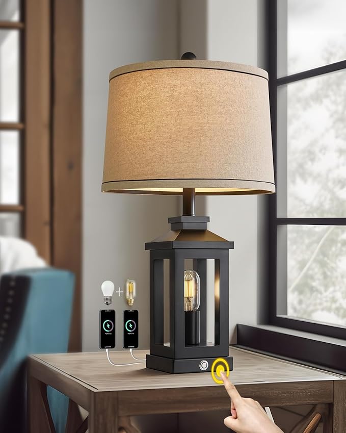 23.75" Retro Farmhouse Black Table Lamp for Living Room Bedroom Nightstand Single Pack Touch Control Bedside Nightlight Vintage Modern Lamp with USB C+A Ports and 2 Light Sources - Bloomnest