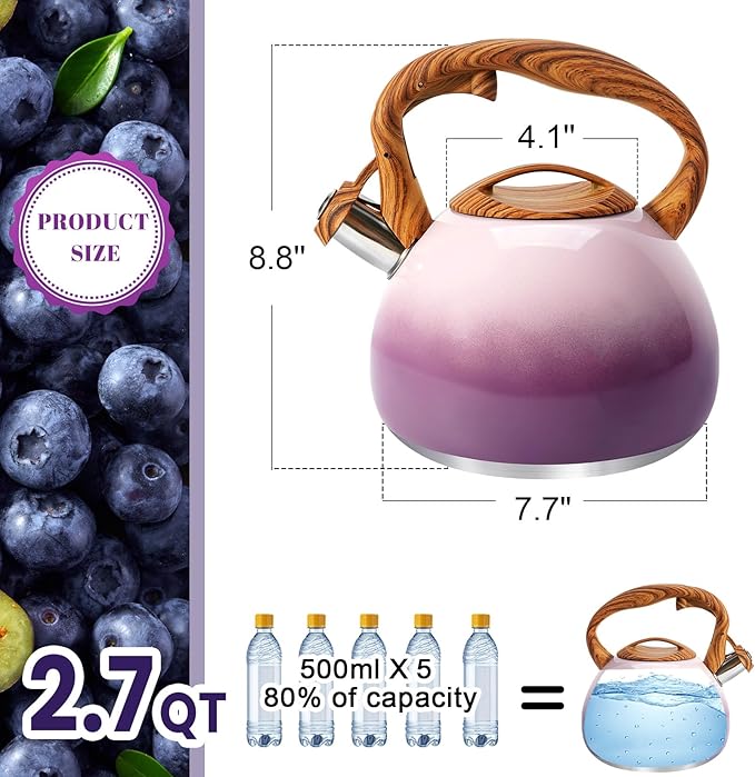 GGC Tea Kettle for Stove Top, 3.1QT/3L Whistling Tea Kettles for Boiling Water Coffee or Milk, Purple Tea Pot with Wood Parttern Handle, Stainless Steel Tea Pot for Home and Kitchen - Bloomnest