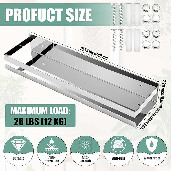 Lallisa 2 Pieces Stainless Steel Shelf Bathroom Shower Floating Shelves Wall Mounted Shower Caddy Basket Shelf Storage Organizer Shelves for Bathroom, Kitchen, Living Room (15.75 Inch/ 40 cm,Shiny) - Bloomnest