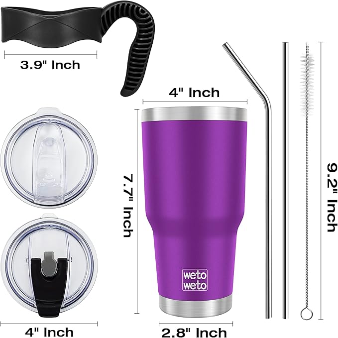 WETOWETO 30 oz Tumbler with 2 Lids and 2 Straws,18/8 Stainless Steel Vacuum Insulated Coffee Tumbler,Insulated Travel Mug Water Cup with Leak-Proof Straw Lid & Flip Lid (Purple, 1 Pack) - Bloomnest