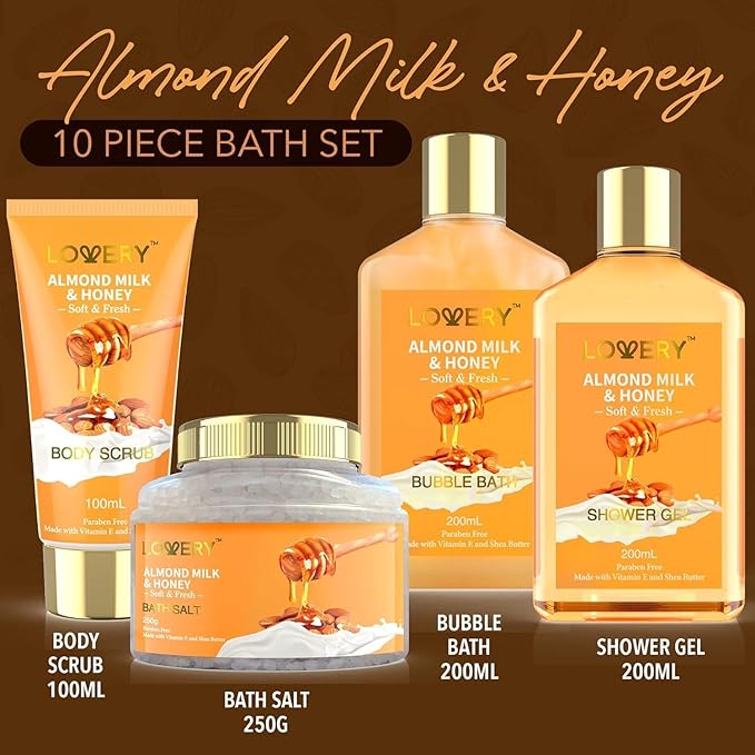 Gifts for Women Gift Basket for Women - 10 Pc Almond Milk & Honey Beauty & Personal Care Set - Valentines Day Gifts for Her Home Bath Package - Spa Self Care Kit - Birthday, Mom, Anniversary Gift - Bloomnest