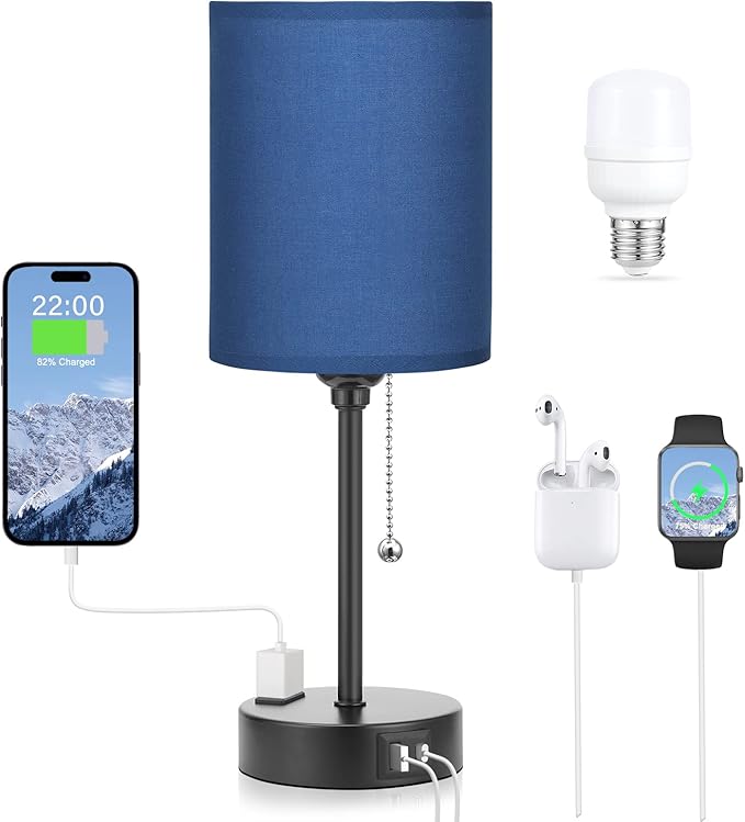 Blue Table Lamps 3 Color Temperatures - 3000K 4000K 5000K Bedside Lamps with USB C and A Ports, Pull Chain Lamps for Bedrooms with AC Outlet, Nightstand Lamps with Black Metal Base for Kids Boys - Bloomnest