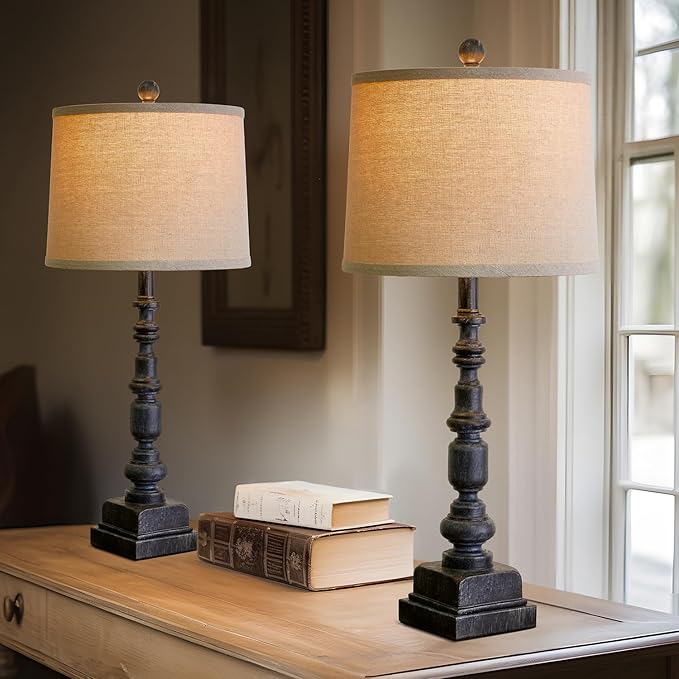 Oneach 27.75” Vintage Farmhouse USB A+C Table Lamps Set of 2 for Living Room Bedroom Traditional Bedside Nightstand Lamp Retro Resin Lamps Linen Shade Nightstand Home Office Antique Black Accent - Bloomnest