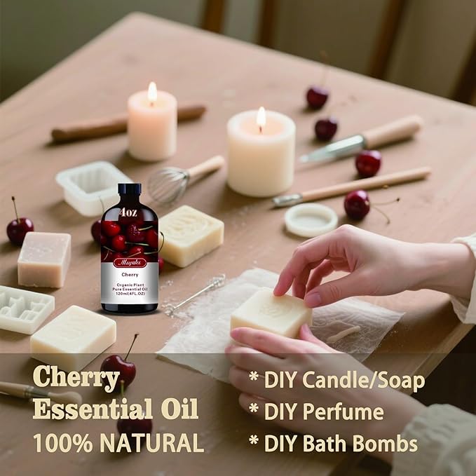 Cherry Essential Oil, Roll-on Cherry Oil Sets (4 Fl Oz + 0.33 Fl Oz) - 100% Natural, Diffuser, Massage, Yoga, DIY Soap and Candle Making - Home Fragrance, Fragrance Oils, Gifts, Spa Care MLYNKLESSENTIALOILS