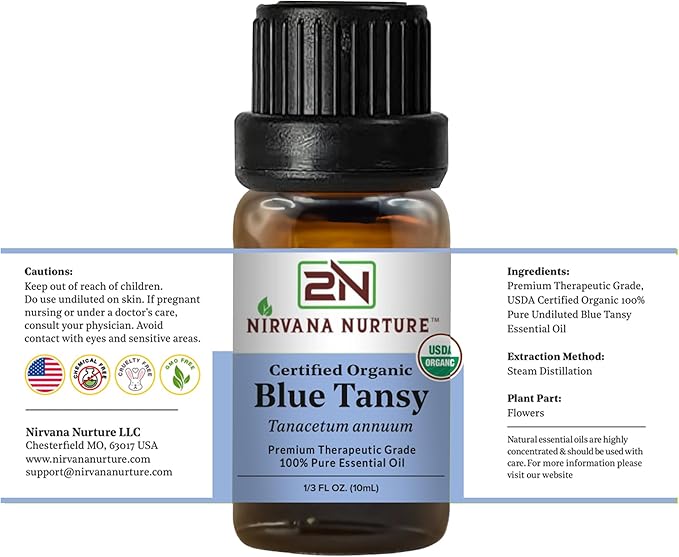 Blue Tansy Essential Oil, USDA Certified Organic, 100% Pure Undiluted, Aromatherapy Oil for Diffuser, Hair & Skin Care NirvanaNurture