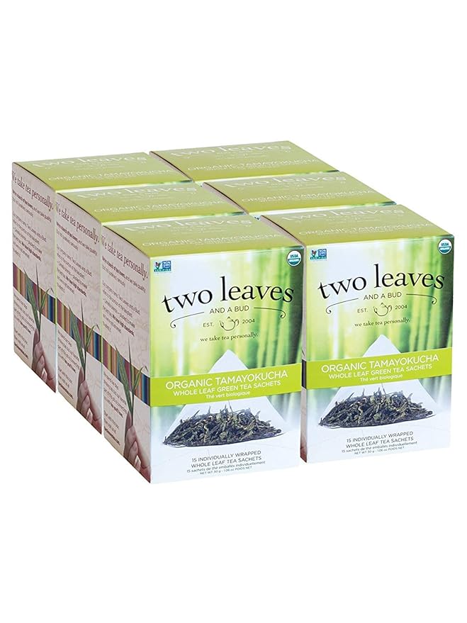 Two Leaves and a Bud Organic Tamayokucha Tea Bags, Whole Leaf Tea in Compostable Sachets, Japanese Green Tea, Light Flavor, 15 Count (Pack of 6) - Bloomnest