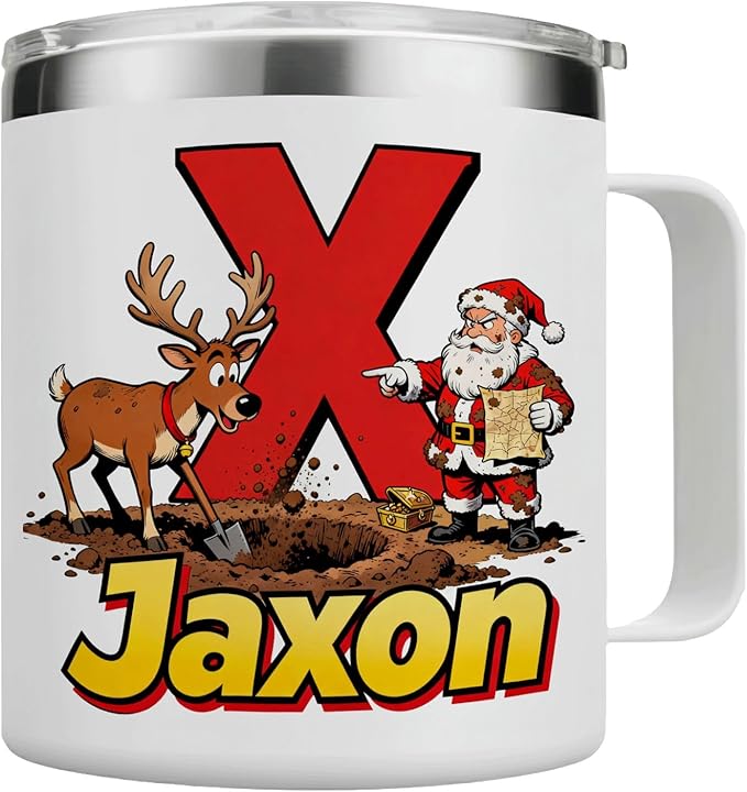 JugJug Personalized Christmas Mug with Initial & Name - Funny Treasure Hunt Santa 12oz Insulated Coffee Cup with Lid - Xmas Gifts for Boys, Kids (B155) - Bloomnest