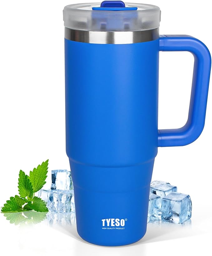 Tyeso 30 oz Tumbler with Handle, Straw and Lid - Leak Resistant Insulated Stainless Steel Water Bottle, Car Cup Holder Friendly Travel Coffee Mug Blue - Gifts for Men & Women - Bloomnest