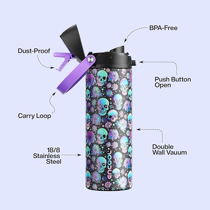 Insulated Water Bottle with Straw - Encool Stainless Steel Water Bottle with Push Button Lid, Leak-Proof & BPA-Free, Keeps Cold for 24 Hours for Sports, Travel, Gym (24 oz, Floral Afterlife) ENCOOL