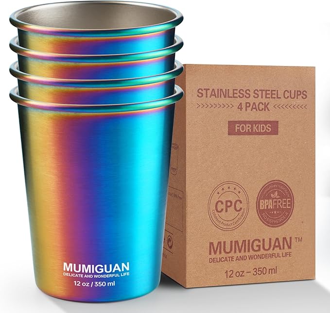 Stainless Steel Cups for Kids 12oz/350ml (4 Pack), Children's Rainbow Electroplating Cups, Camping Stainless Steel Cups, Stackable Metal Drinking Glasses, Toddler Stainless Steel Tumbler, BPA Free - Bloomnest