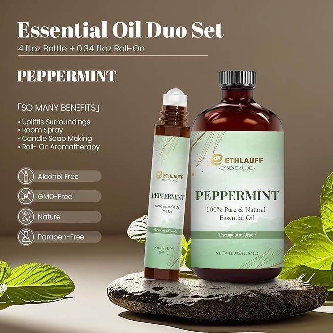 Peppermint Essential Oil & Roll-On Oi — Peppermint Oils for Aromatherapy, Diffusers, Humidifiers, Home fragrances, DIY Skincare, Candle, Soap Making, Relaxation, Yoga, and Meditation Ethlauff